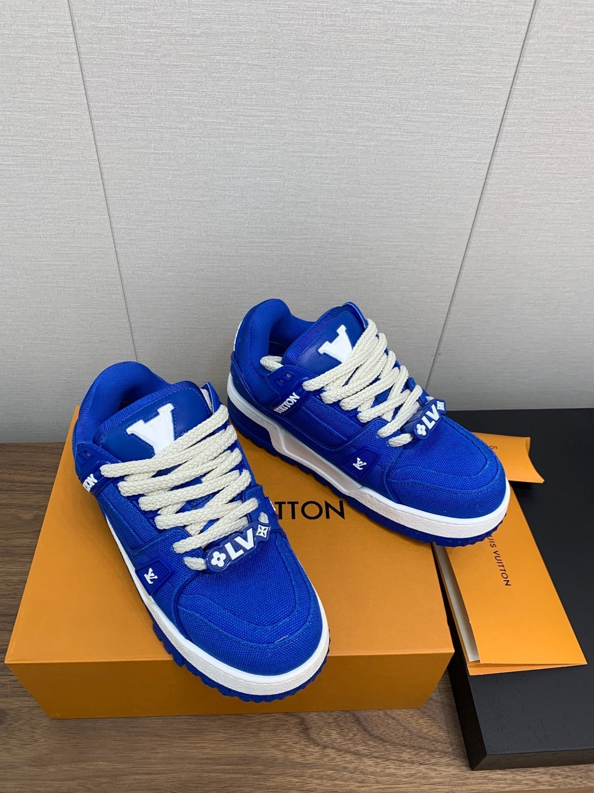 LV WOMEN'S TRAINER IN COBALT BLUE JACQUARD AND CALFSKIN