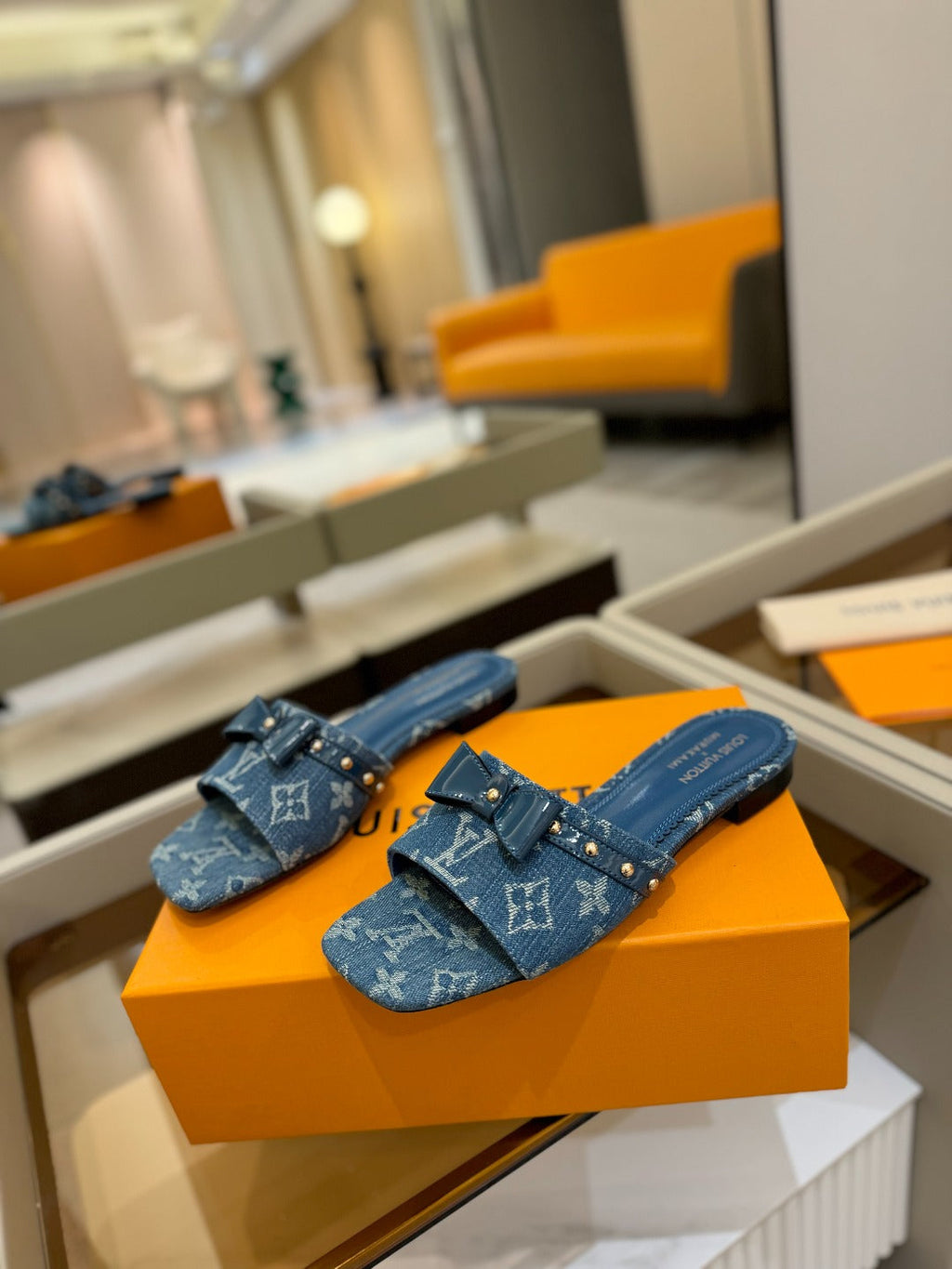 LV X TM 6AM FLAT MULE IN NAVY BLUE MONOGRAM DENIM